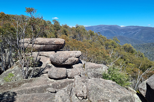 Rock formations on a lookout overlooking a eucalyptus forest with distant mountain ranges under a clear blue sky.