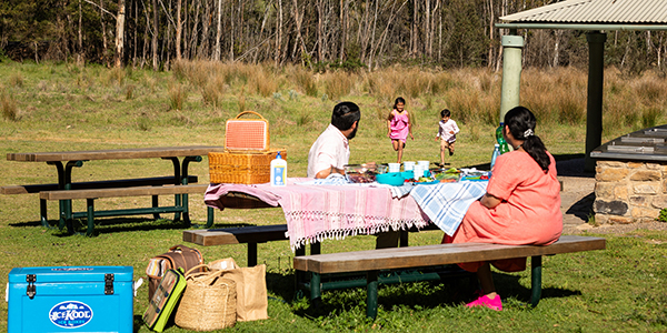 A couple sitting at a picnic table with food prepared while 2 children run to them down a hill